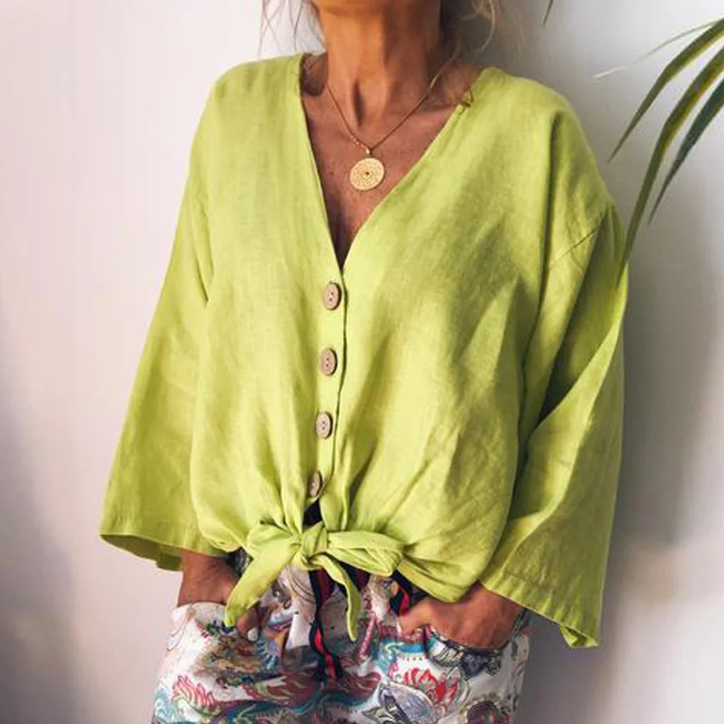

Blouse 2019 Sexy Women V Neck Long Sleeve Solid Shirts Summer Casual Loose Bandage Button Tops And Blouses