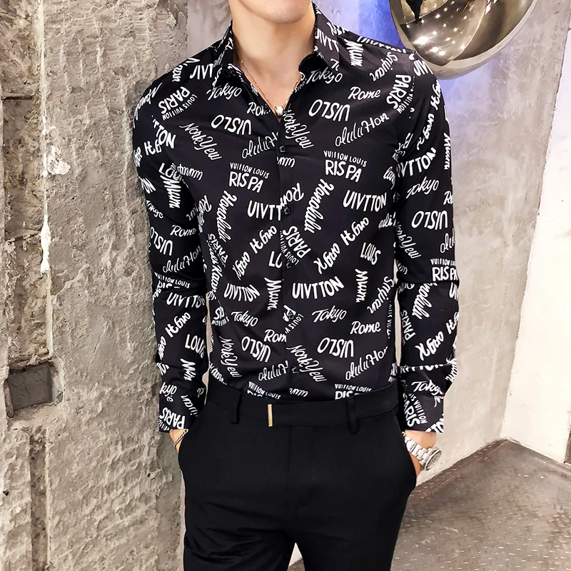 Рубашка мужская приталенная с длинным рукавом и принтом букв | Мужская одежда