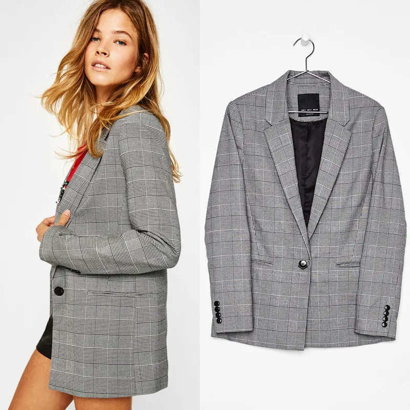 

Spring autumn new feminino retro plaid suit jacket straight female casual woolen jacket Suit Female Plaid Slim Blazer