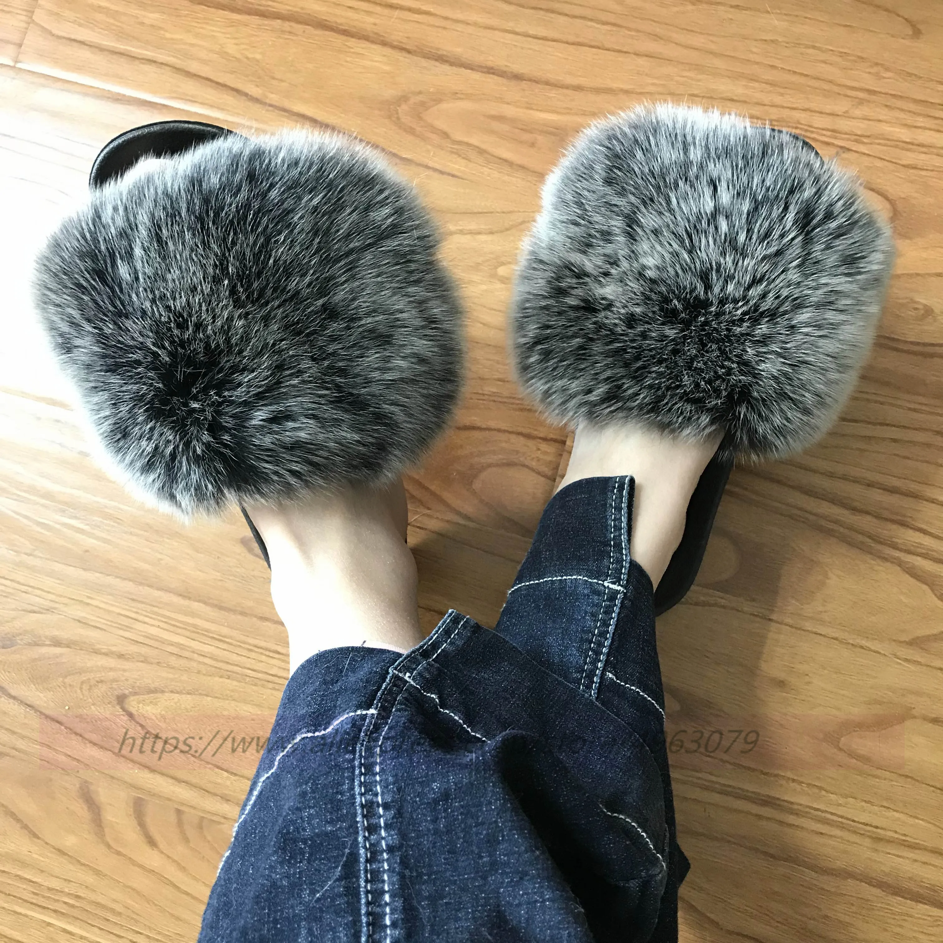 FunFur Max/большой размер XXL Шлепанцы из натурального меха лисы черного цвета Женские