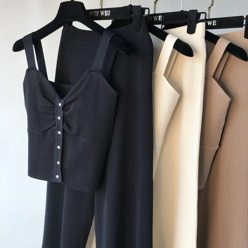ALPHALMODA без рукавов Вязанный жилет+ трикотажные широкие брюки женские летние 2 шт повседневный комплект однобортный наряд брюки костюмы