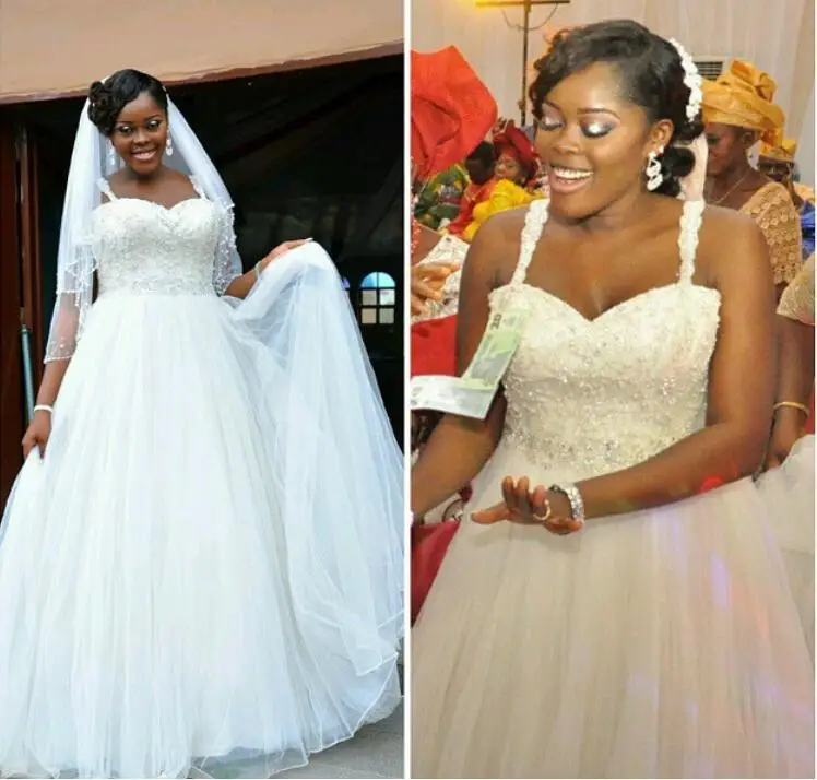 

Plus Size Wedding Dresses Spaghetti Straps Beaded Lace Tulle A Line Long Elegant Bridal Gowns Custom Size