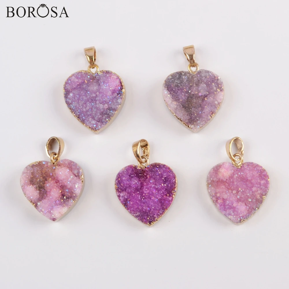 BOROSA 10 шт. Подвески в виде РОЗОВОГО СЕРДЦА Drusy натуральный кулон agates Druzy Титан AB фиолетовая любовь позолоченный кулон для ожерелья подарки для девочек G1829