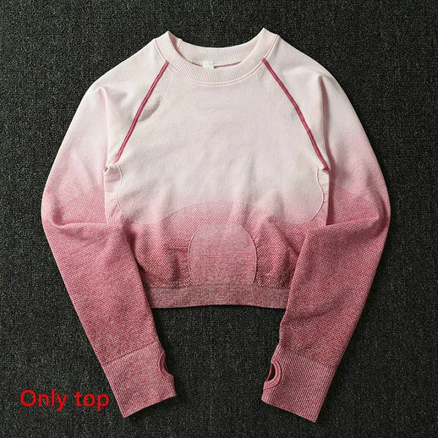Rose red Top Бесшовный комплект для йоги; одежда для спортзала; Комплект для тренировок; спортивный костюм с длинным рукавом; укороченный топ для фитнеса; Леггинсы для йоги; Спортивный костюм; спортивная одежда для бега - Цвет: Rose red Top