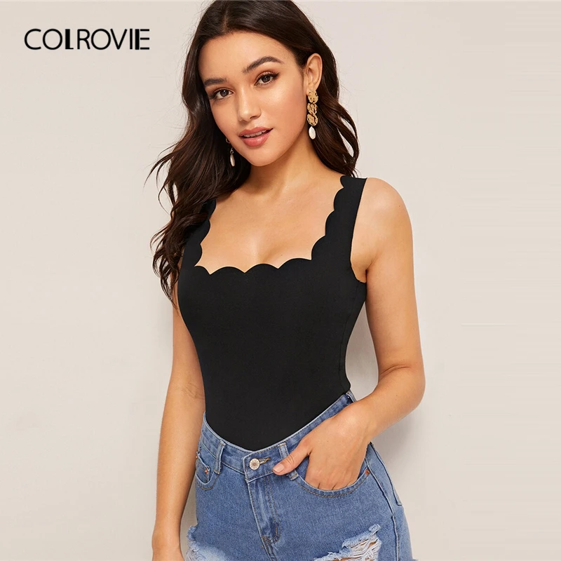 COLROVIE, Черная майка с зубчатой отделкой, женский топ с квадратным вырезом, базовая одежда,, летняя, без рукавов, облегающая, сексуальная, женская, однотонная майка