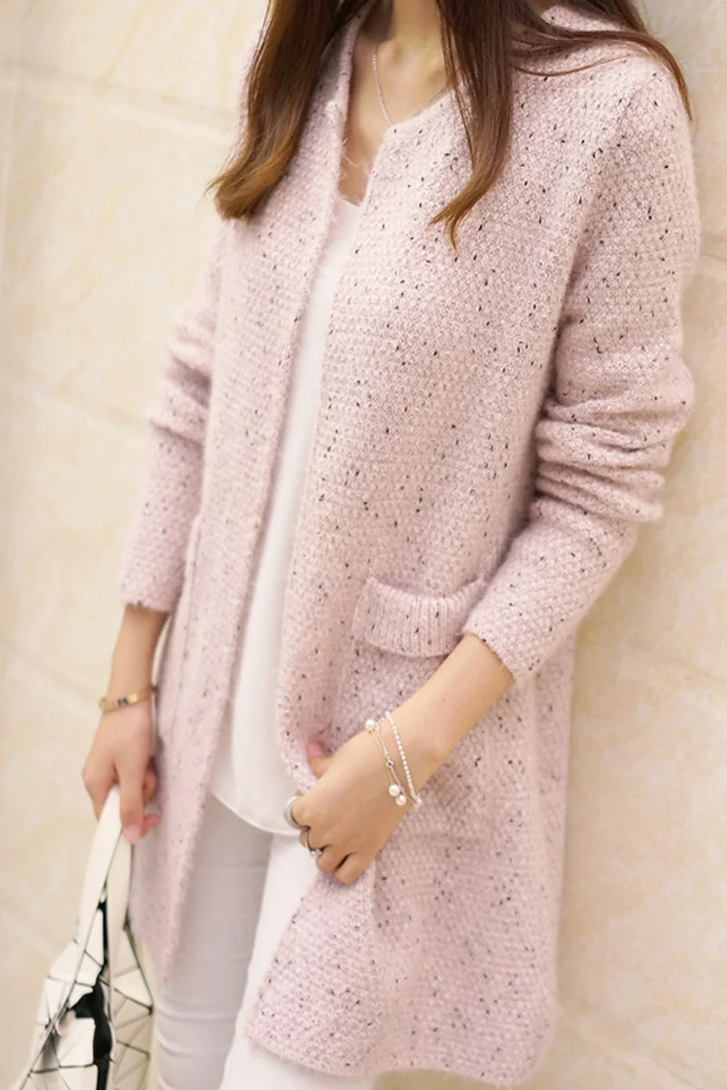 

2016 long in coats knit cardigan sweater show thin pocket female knit sweater collar