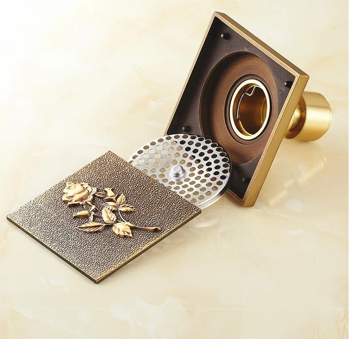 

New Arrival 10*10cm Antique Brass Creative Carved Bathroom Balcony Square Floor Drain /bathroom shower hair trap cover/ 7 style
