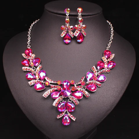 red ab in silver Модные блестящие AB Кристалл индийские Свадебные украшения наборы Свадебная вечеринка позолоченные серьги и ожерелье набор подарки для женщин - Окраска металла: red ab in silver