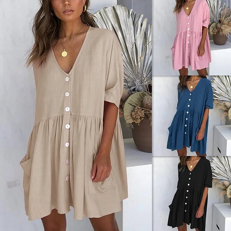 

Women fashion Summer Dresses Women Solid Loose V-Neck Ladies Casual Half Sleeve Button Pocket Mini Dress