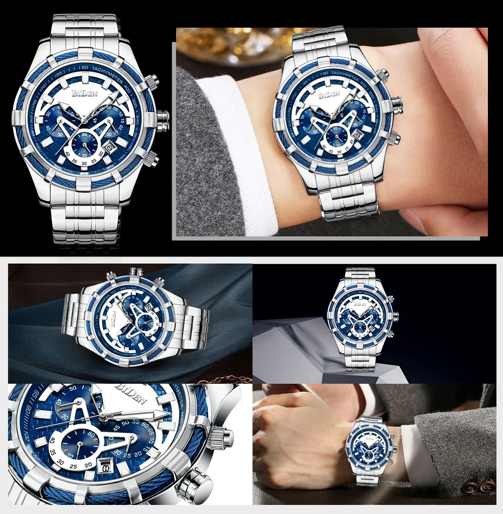 Кварцевые Многофункциональные водонепроницаемые часы из нержавеющей стали с