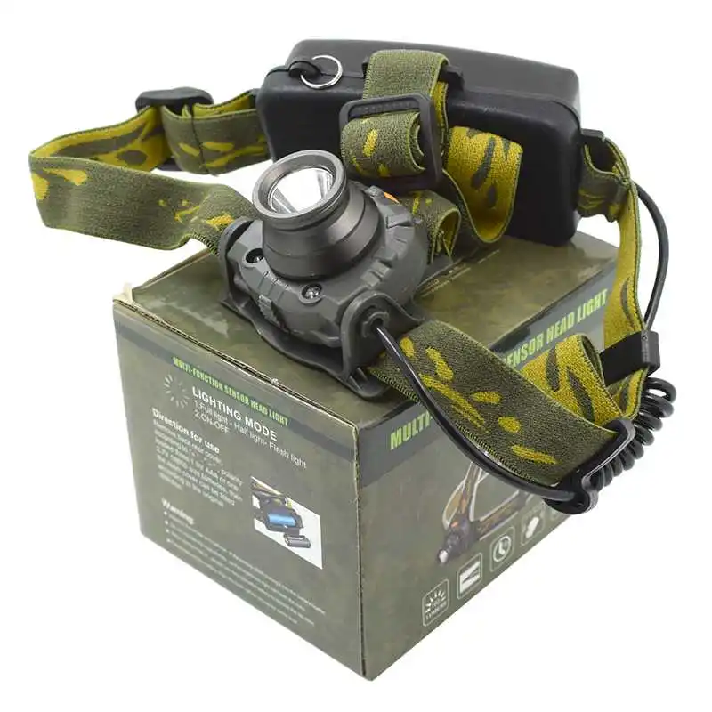 

2020 High Power Infrared Sensor Led Headlight XPE-R3 Waterproof Head Torch Lamp Rechargeable 3-mode Headlamp+AC/Car Charger