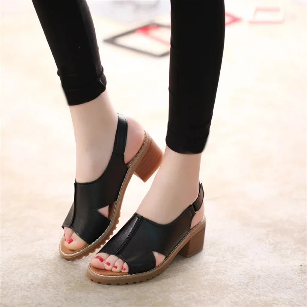 Fashion Womens open toe heels sandals Summer Skid-proof Thick Peep sandal Hoop&ampLoop Leisure Sandals #G5 | Обувь