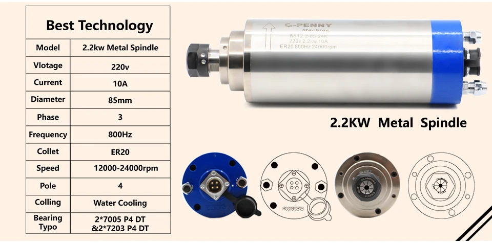 G-penny CNC spindle motor 2.2kw ER20 Metal Spindle water cooled 800Hz Pole=4 Used for metal,iron,stainless steel water cooling