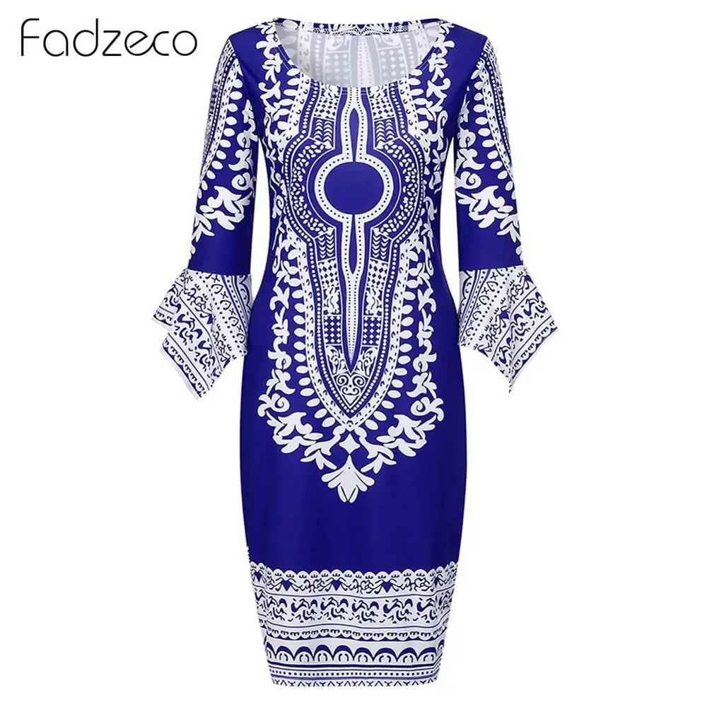 Fadzeco африканские платья для женщин Дашики 3/4 рукав цветочные Bodycon миди платье этнический Племенной печати летнее платье карандаш