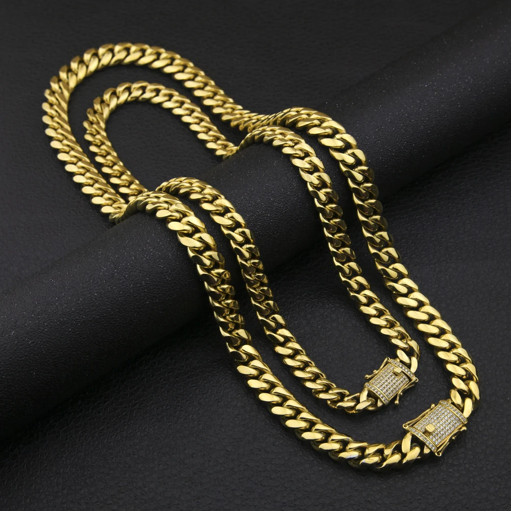 Нержавеющая сталь КУБИНСКИЙ звено цепи с Bling CZ циркония тройной Замок Роскошные Одежда высшего качества Цепочки и ожерелья 12 и 14 мм хип-хоп Для мужчин ювелирные изделия
