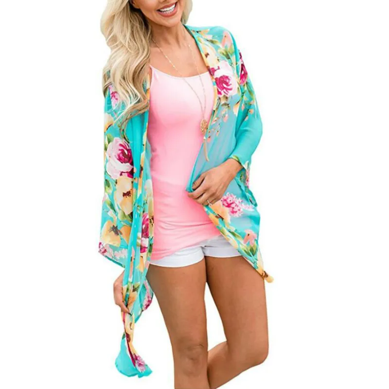 Women Floral Print Kimono Beach Cover Up Capes Ladies Open Front Sheer Loose Chiffon Cardigan Blouse Top | Женская одежда