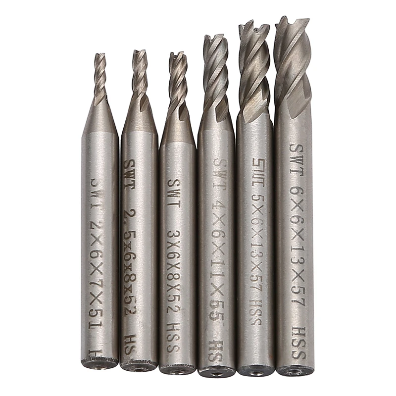 

2-6mm Milling Cutters 4 Flutes HSS End Mill Router Bits For Wood Straight Shank CNC Mill Tools 6pcs