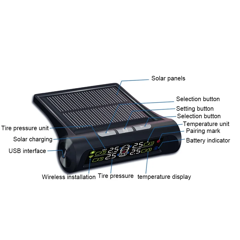 Солнечный/USB датчик давления воздуха в шинах цифровой ЖК-дисплей Автомобильные