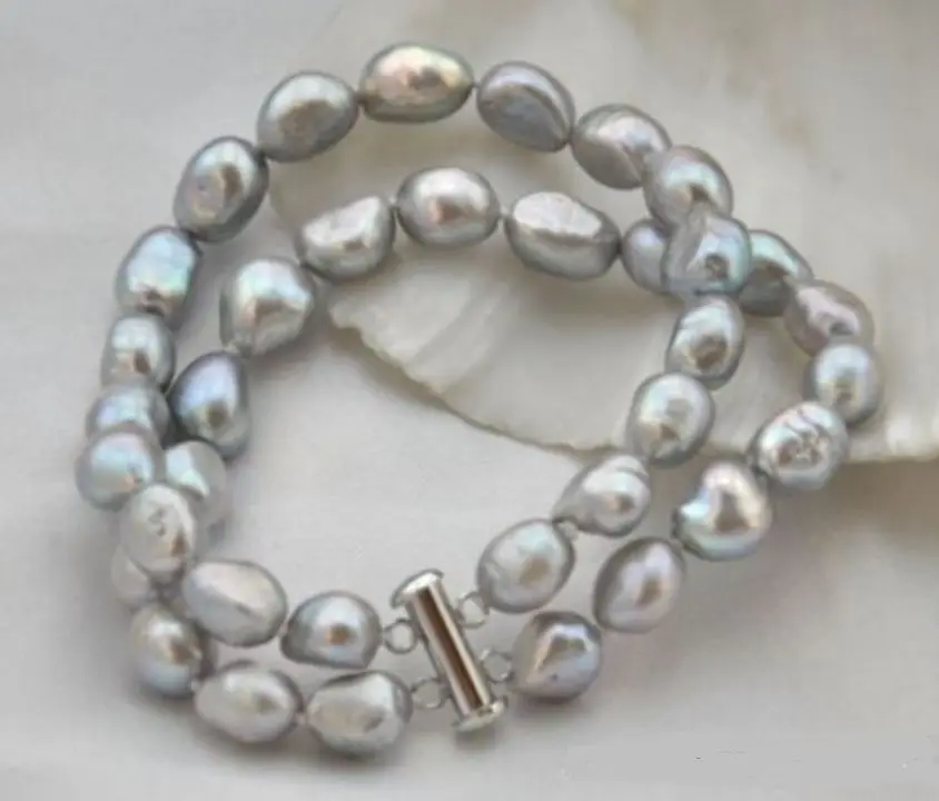 

HOT 2strands 9-10mm baroque gray freshwater pearl bracelet 7.5''AA