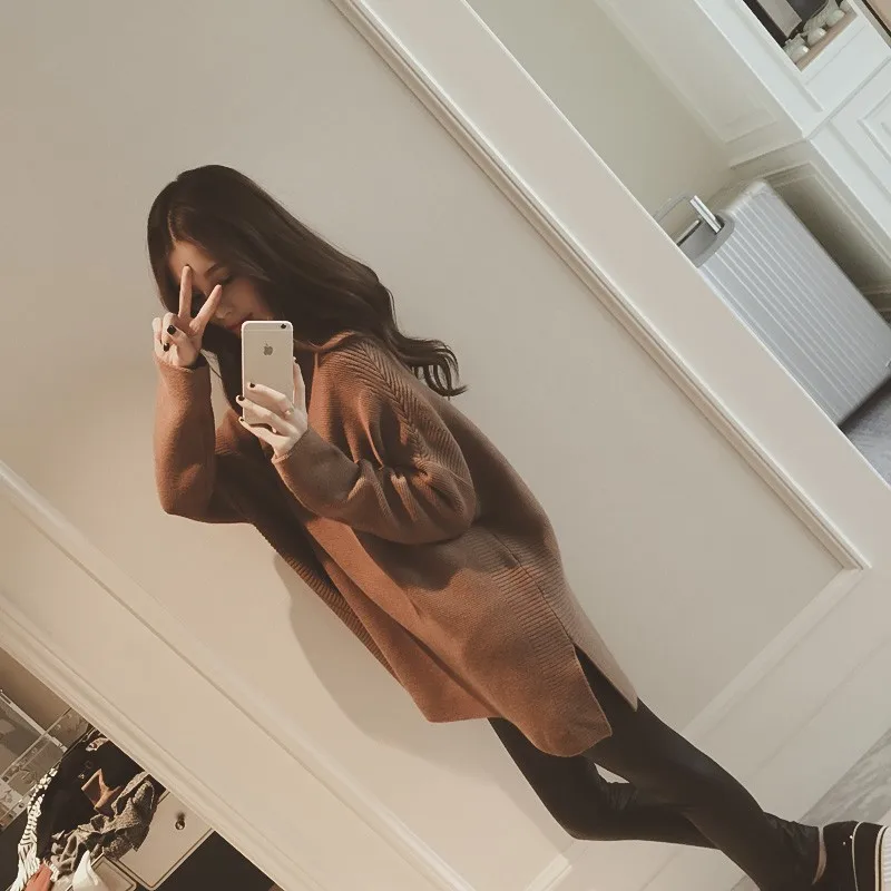 Женский свободный вязаный свитер пуловер оверсайз с длинными рукавами и круглым