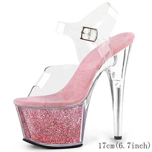 pink 17cm Платформы стекло насосы прозрачный ремешок каблуки плюс размер Блеск перспекса Свадебные шпильках женская обувь 11 сандалии crossdressed золото - Цвет: pink 17cm