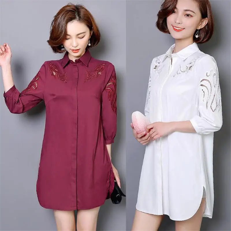 2017 plus size woman clothes fashion office lady long sleeves cotton hollow out lace blouse shirt for 47.5-100kg femme |