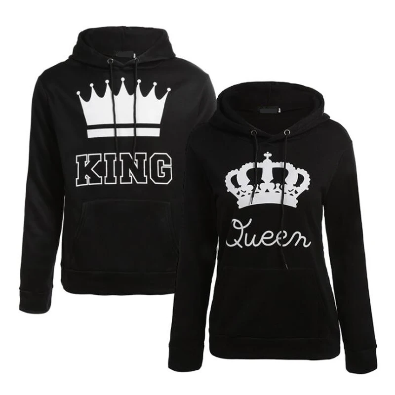 QUEEN KING, с принтом, с капюшоном, с длинным рукавом, для пары, топ, модный, стиль, с надписью, женская футболка, повседневная, с длинным рукавом, рубашка для женщин