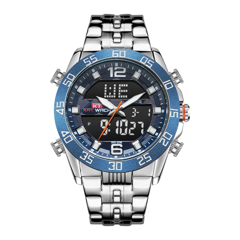 Мужские часы с двойным дисплеем из нержавеющей стали светодиодный дисплей 5 бар
