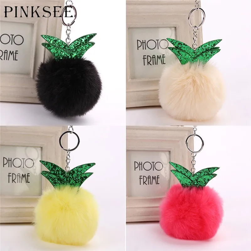 Pinksee ананас мех мяч брелок пом пушистый брелки помпон автомобиль Для женщин сумка