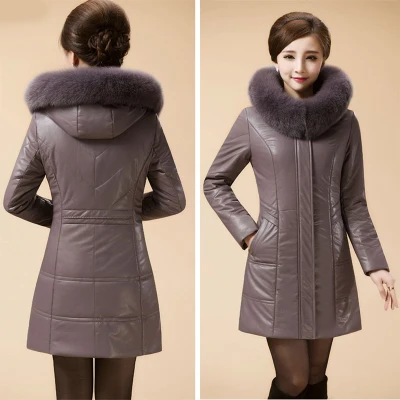 71 Light Purple Ультра плюс размер Искусственная овчина кожаная куртка женская тонкая искусственный Лисий мех воротник с капюшоном вниз хлопок парка WUJ0661 - Цвет: 71 Light Purple