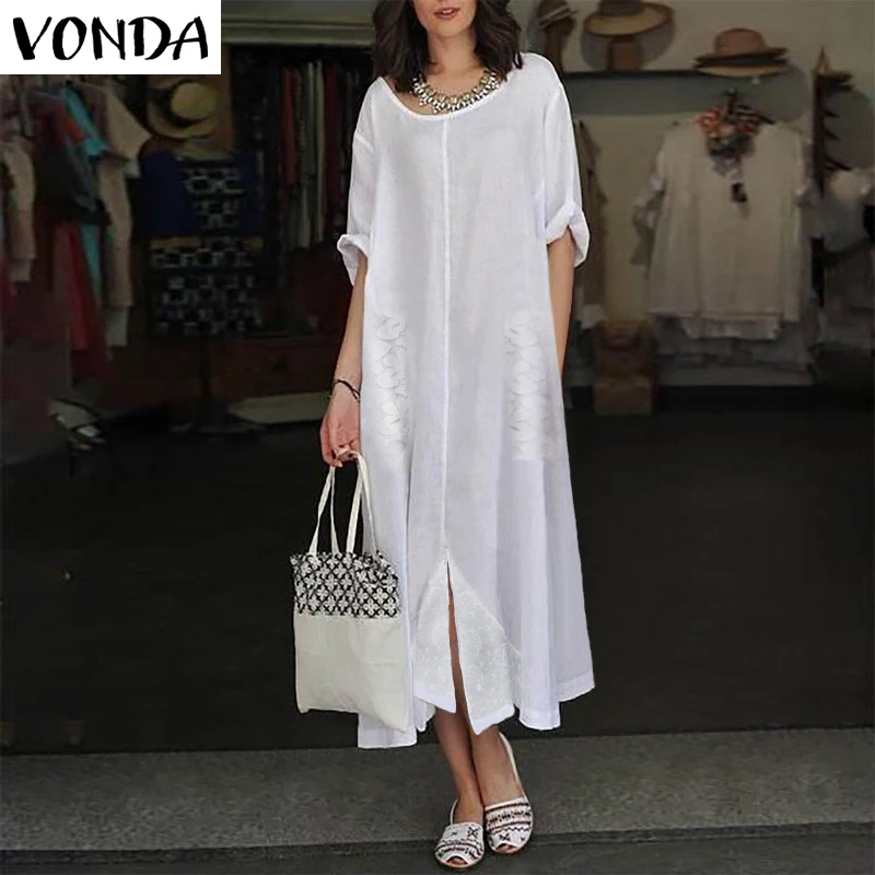 Осень, женское платье VONDA, сексуальное, белое, длинное, макси, платья для вечеринок, винтажное, с круглым вырезом, с коротким рукавом, кружевное, лоскутное, с разрезом, Vestidos