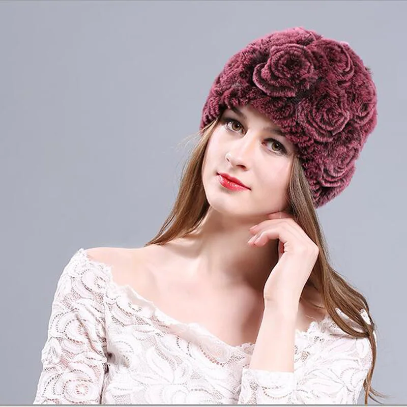 

Осенне-зимняя женская вязаная шапка с цветочным рисунком, модные теплые ветрозащитные женские шапочки и облегающие шапки, шапка из кроличь...