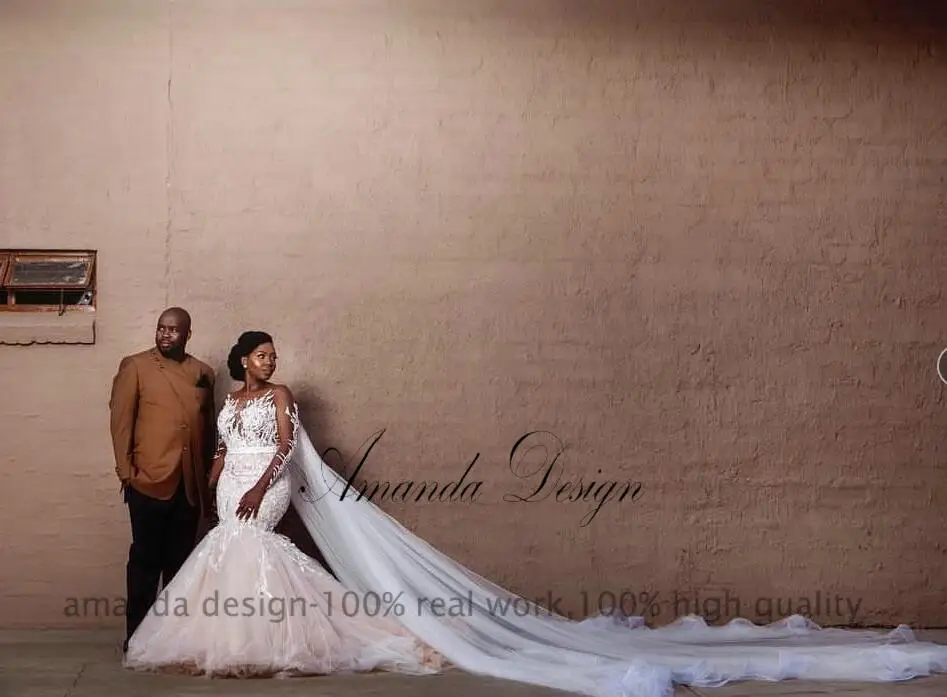 Аманда дизайн robe de mariage длинный рукав Шампанское Русалка прозрачное свадебное платье