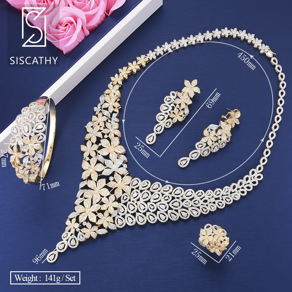 

SisCathy 4PCS Deluxe Blossom Cubic Zirconia Big Collar Necklace Earrings Bangle Resizable Ring Jewelry Sets For Women Wedding