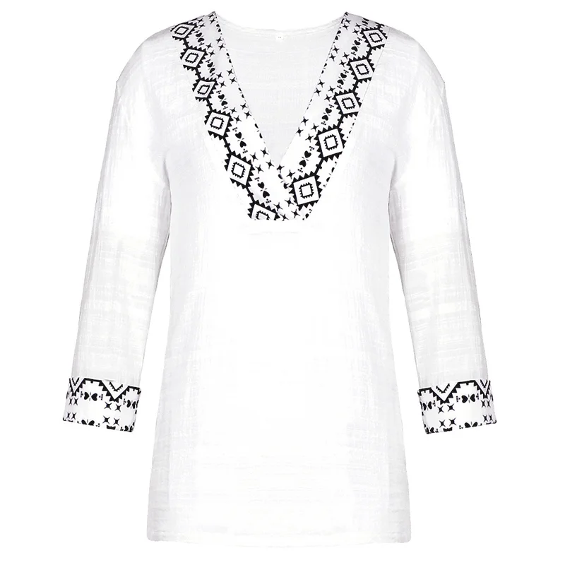 Boho Chic хлопковая льняная блузка длинная рубашка этнический стиль женские топы