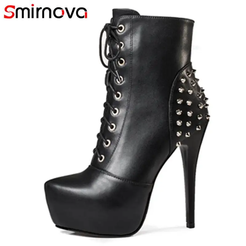 

Smirnova SIZE 33-40 2018 NEW fashion rivet ankle boots women genuine leather thin high heels pointed toe zip boots casual shoes