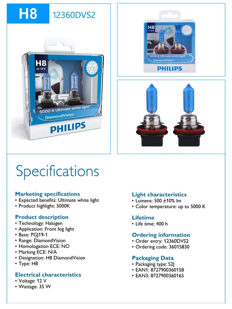 Philips H1 H4 H7 H8 HB3 HB4 9003 9005 9006 12V Diamond Vision 5000K автомобильный галогенный головной светильник, противотуманная фара, супер ксеноновый белый светильник, пара