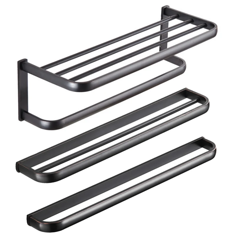 

Black Bathroom Towel Shelf Antique Bath Towel Bar Rack Storage Coat Hanger Brass Double Towels Rail Holder Bathroom Accessories