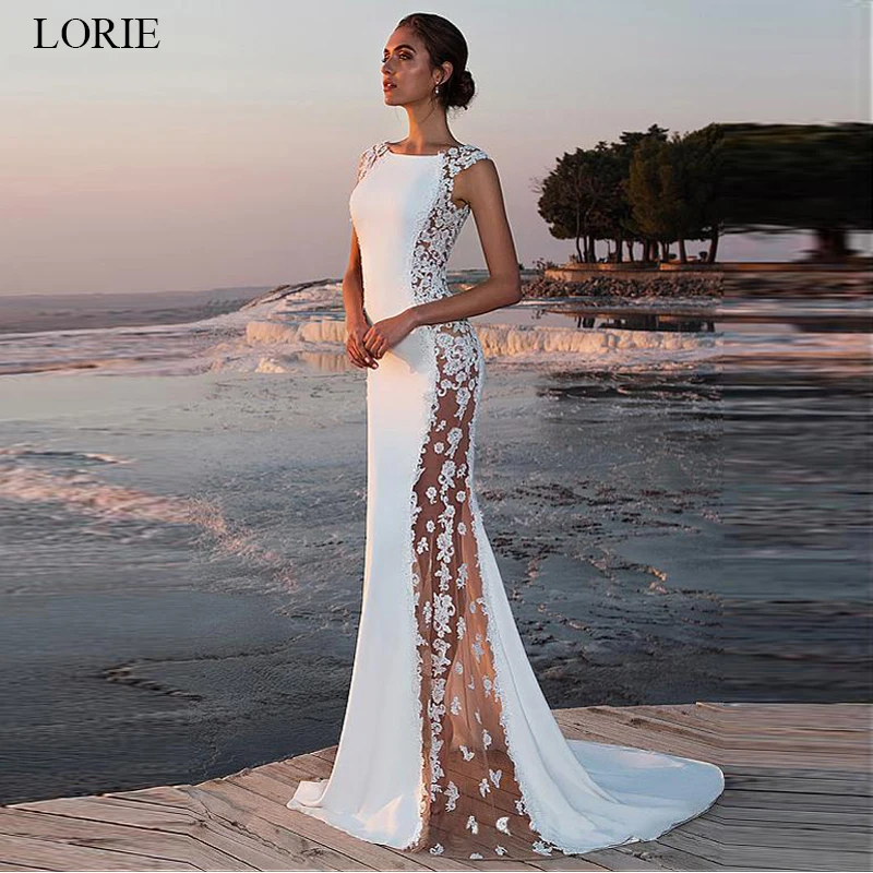 

LORIE Beach Wedding Dress Mermaid O-neck See-through Bridal Gowns Sleeveless Lace Appliques Princess Wedding Party Dresses Boho