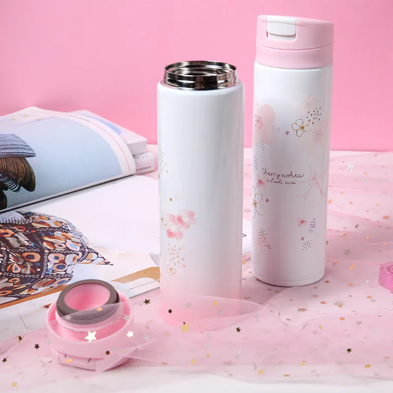 Girl cute Cherry Blossoms Thermal Insulation Thermos Stainless Steel Vacuum Flask Student School Water Bottle Thermo Mug | Дом и сад