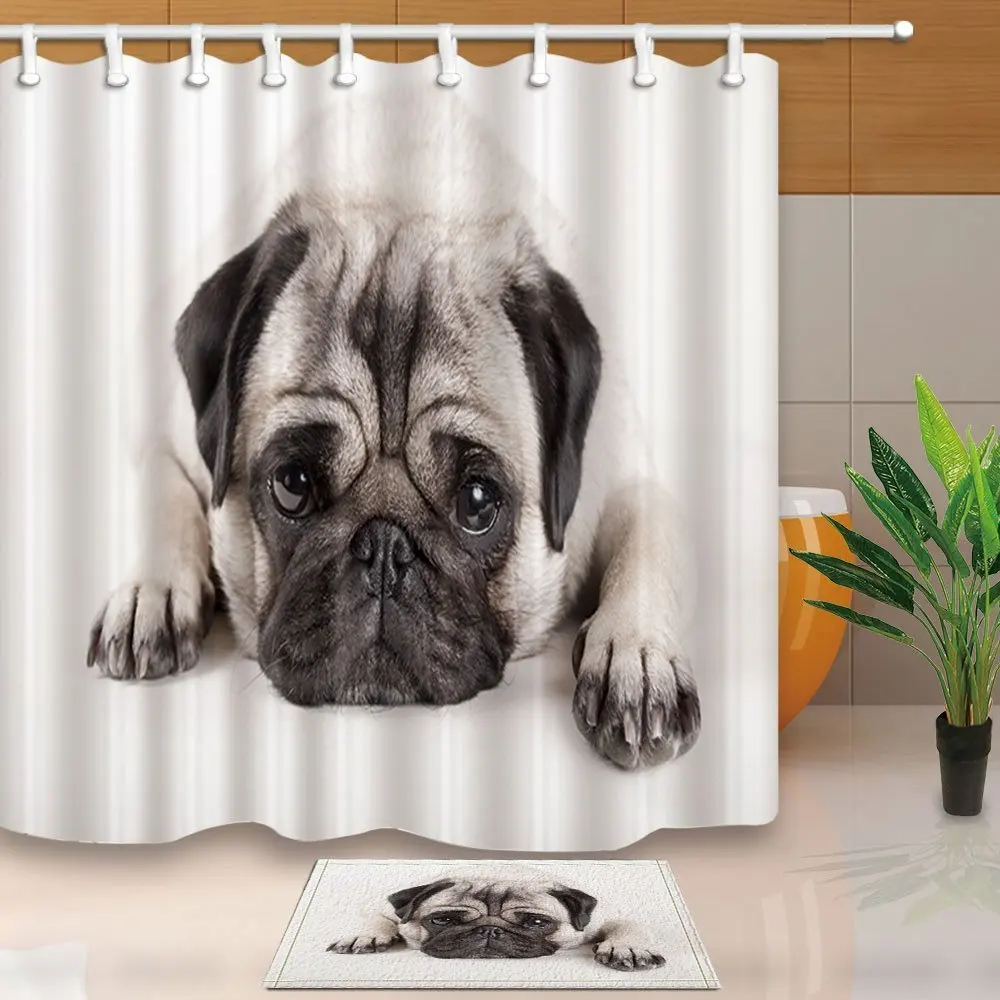 Cute Animals Decor Sadly Pug Puppy Dog Lying Down Waterproof Polyester Fabric Shower Curtain Set With Floor Doormat Bath Rugs | Дом и сад