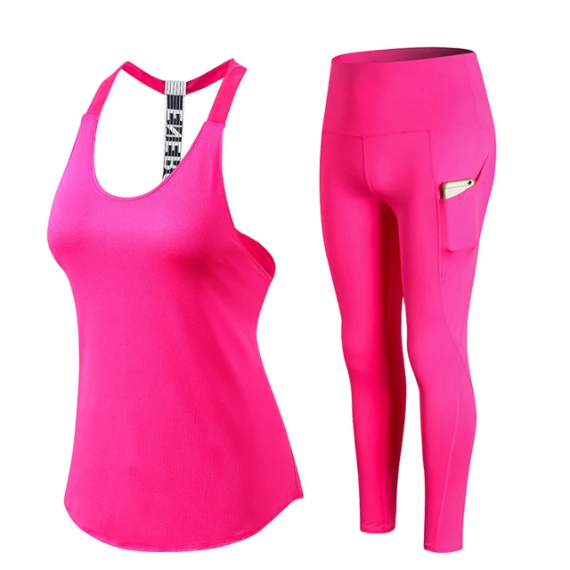 Rose red 2pcs set Женский комплект из 2 предметов для йоги, открытая спина, без рукавов, невидимый карман, штаны для йоги, топ, женская футболка, спортивные облегающие леггинсы, брюки - Цвет: Rose red 2pcs set