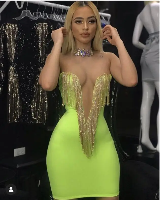 

Yellow Color New Summer Off the SHoulder Sexy Bodycon Mini Dress Tassel V-Neck Sexy Club Night Dress Vestidos High Quality