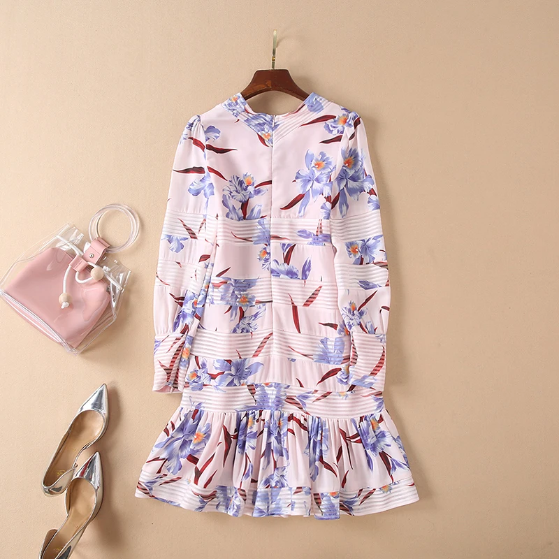 Платье с принтом V_neck милое мини платье длиной выше колена длинными рукавами
