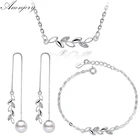 Женский набор украшений ANENJERY, ожерелье + серьги + браслет из стерлингового серебра 925 пробы с лепестками циркония, подарок для девочки