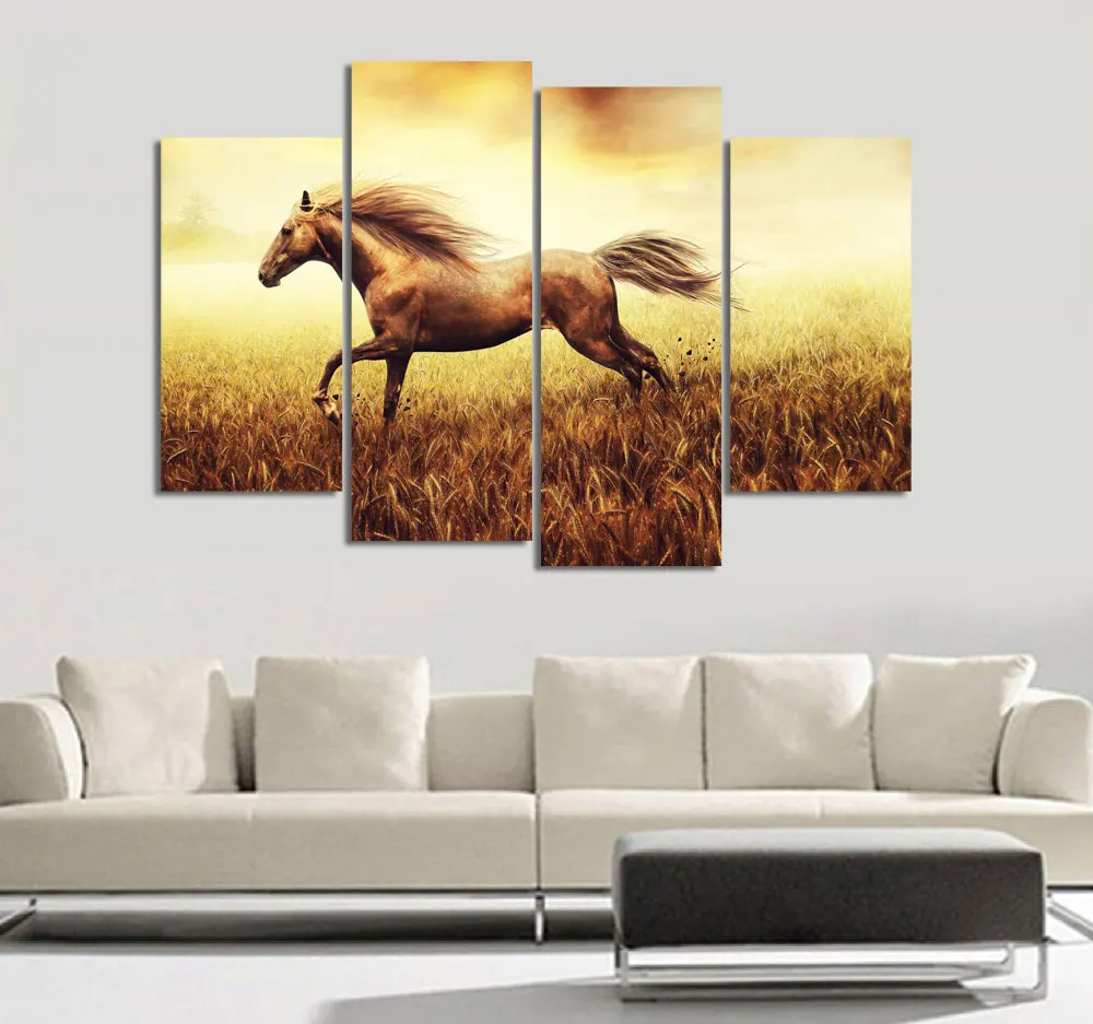 4Pcs/Set Sunset Horse Canvas Painting Animal Poster Vintage Grassland Wall Christmas Pictures For Home Decor Cheap A |