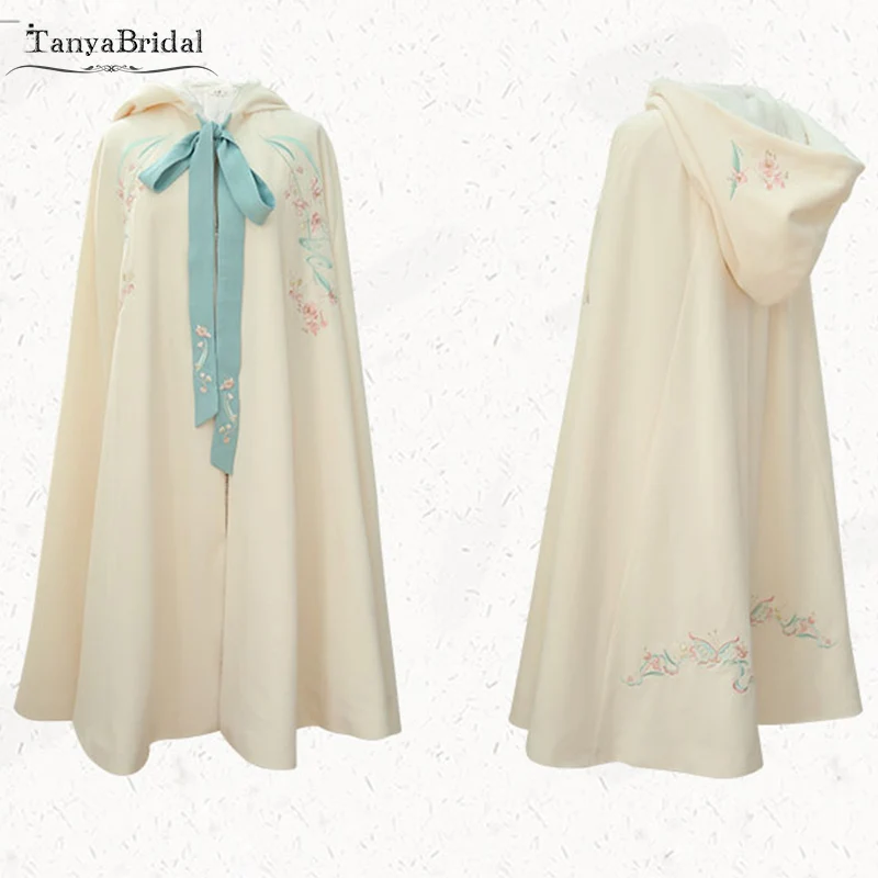 

Beige Hooded Bridal Cape Short Wedding Cloak Winter Fleece Wrap With Embroidery In Stock Chinese COSPLAY Accessories DJ058