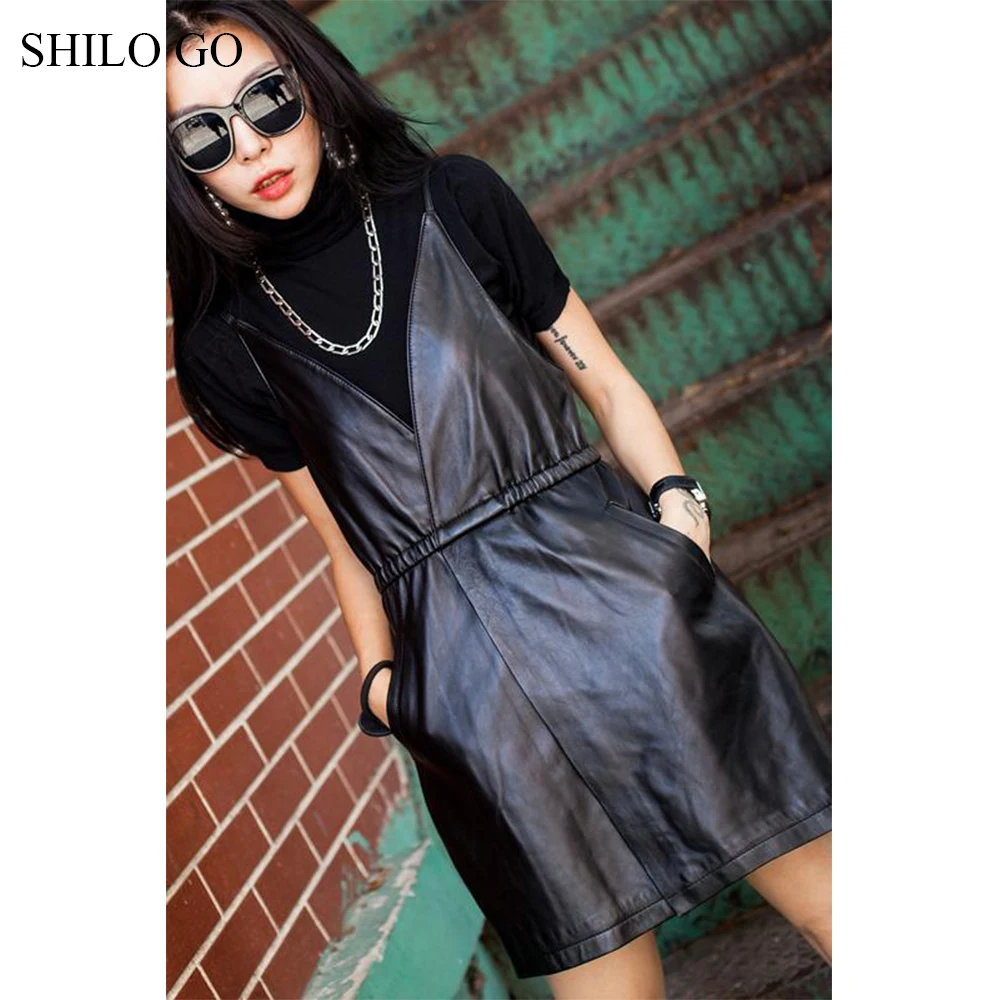 SHILO GO кожаное платье Женская Летняя мода Овчина натуральная кожа платье Спагетти ремень стрейч талия открытый вверх Повседневное платье