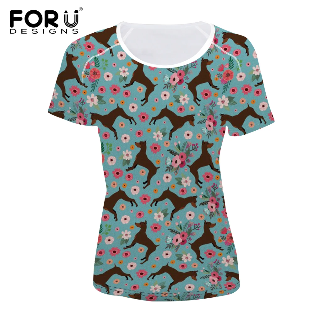 

FORUDESIGNS Women T Shirt Cartoon Miniature Pinscher Printing T-shirt Flower Pattern Tee Shirt Female for Teen Girl Kawaii Tees