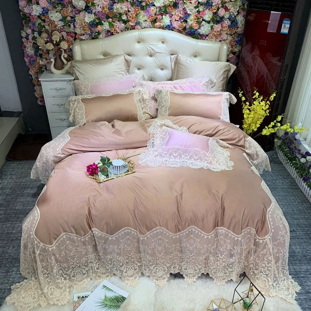 

Noble 80S Egyptian cotton Tencel Silky Embroidered Bedding sets Queen King Luxury Lace Edge Duvet cover Bed sheet set 4pc Solid
